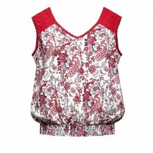 Solitaire Eyelet Shoulder Paisley Print Blouse Tank Top W/Elastic Hem Size Large